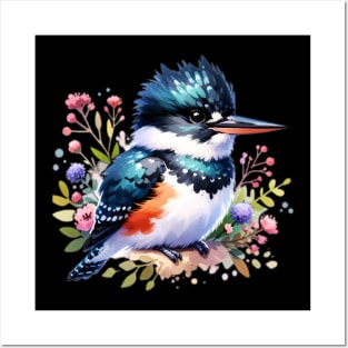 Belted Kingfisher And Flowers Posters and Art